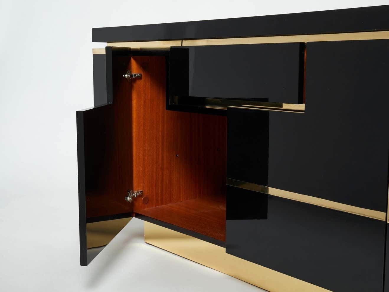 photo furniture J.C. Mahey Brass Black Lacquered Sideboard Bar Cabinet 1970s