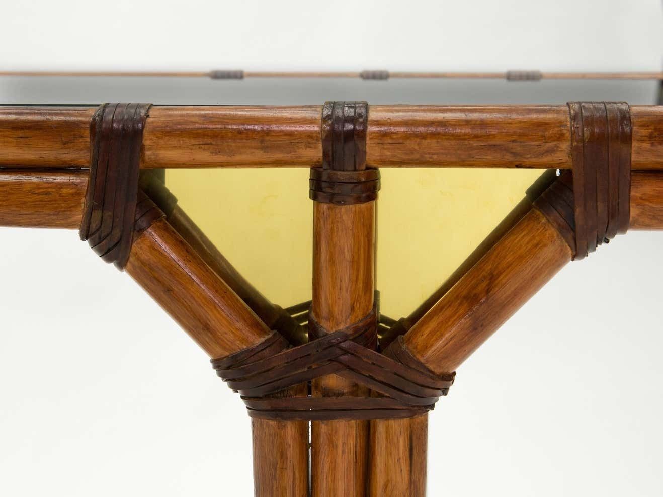 photo furniture Console française en bambou et laiton, plateau en verre noir, années 1970