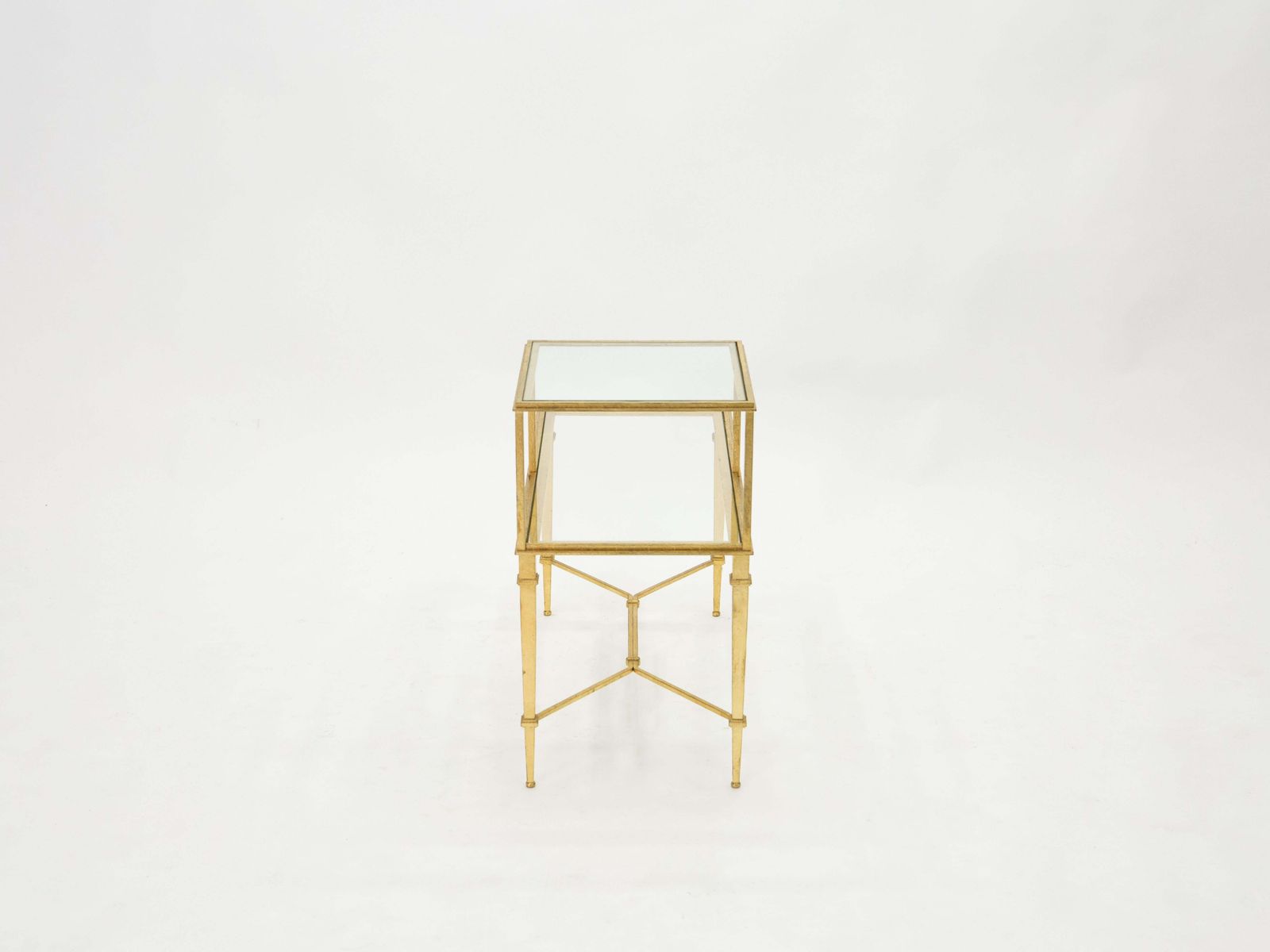 Table d'appoint à deux plateaux en verre et fer forgé doré Roger Thibier, années 1960 photo buy