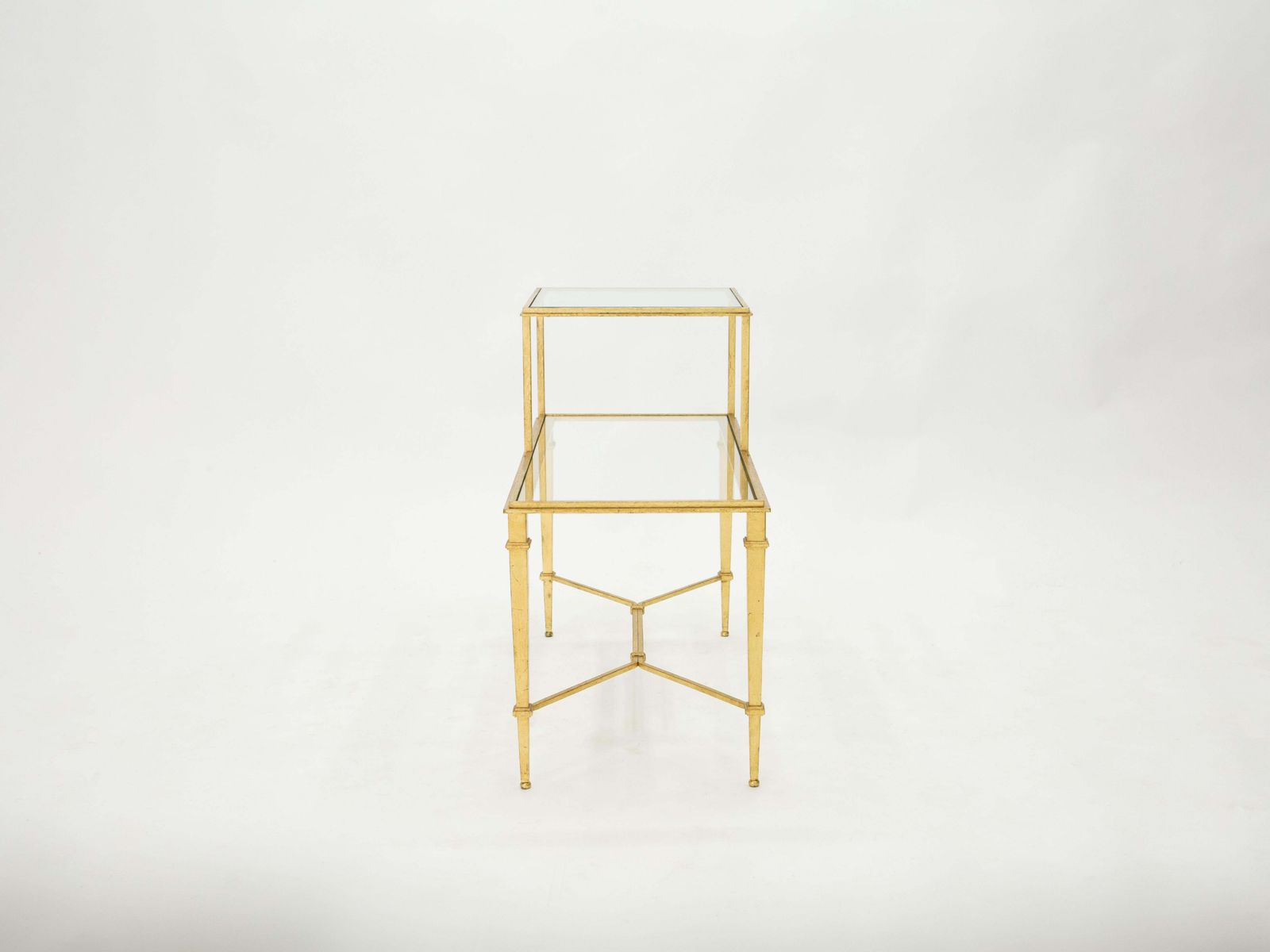 photo vinterior Table d'appoint à deux plateaux en verre et fer forgé doré Roger Thibier, années 1960