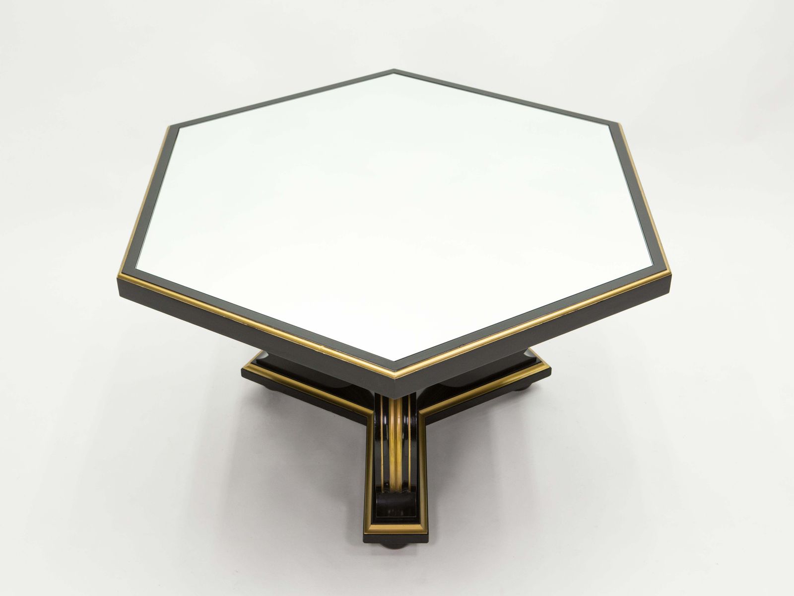 Table Maurice Hirsch néoclassique noire dorée à plateau miroir, années 1970 photo Mobilier