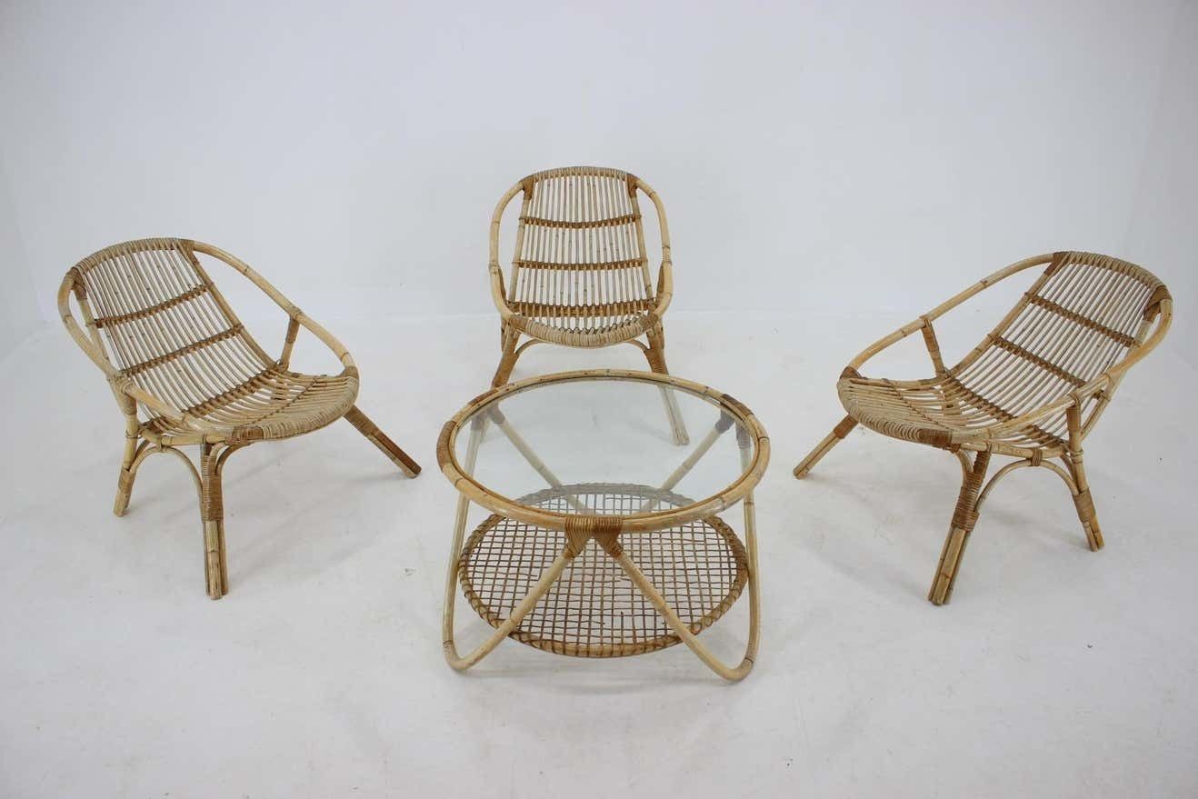 Set Of Garden Or Interior Rattan Table And Three Armchairs By Alan Fuchs   1970s photo furniture