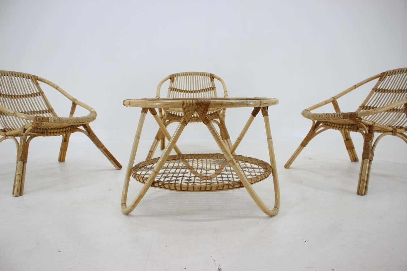 Set Of Garden Or Interior Rattan Table And Three Armchairs By Alan Fuchs   1970s photo for sale