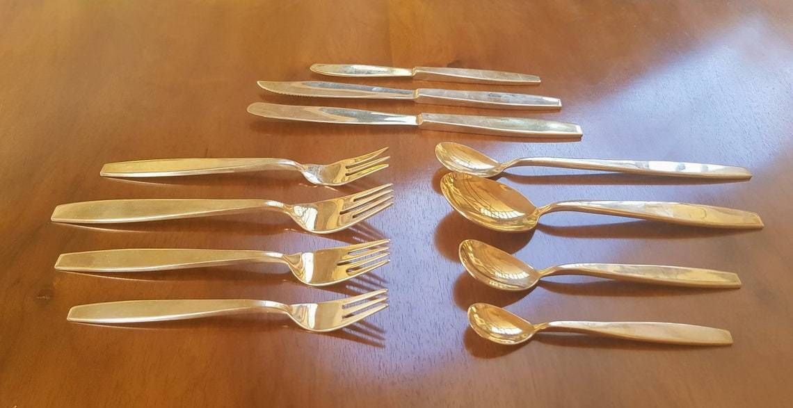 Midcentury Modern Gold Tone Flatware For Six People 1970s photo furniture