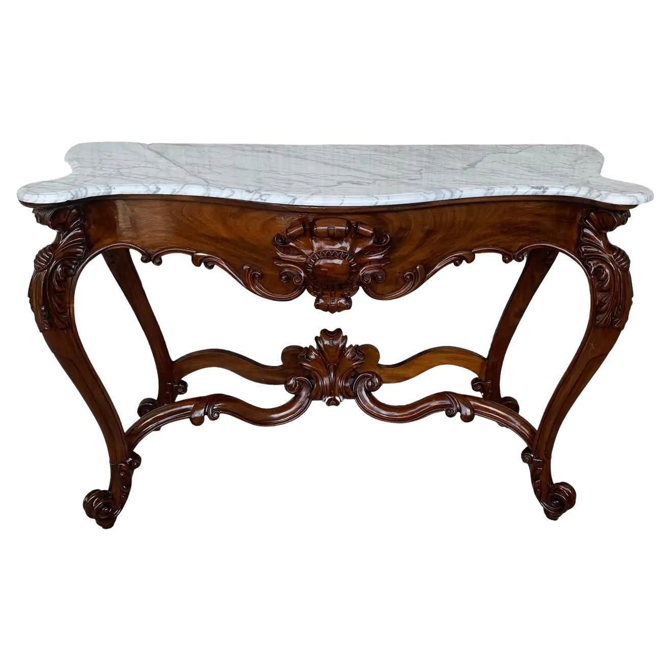 Console Régence française en noyer sculpté, plateau en marbre blanc, 2 disponibles