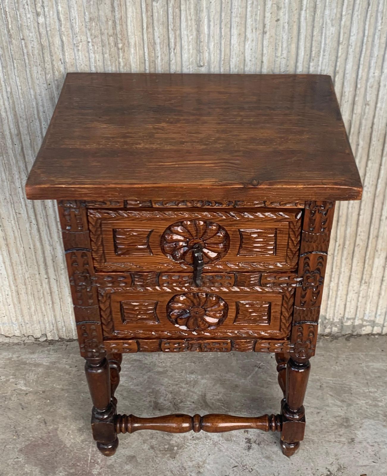 Antique Spanish Carved Walnut End Table Or Nightstand With 2 Drawers photo 1674.0