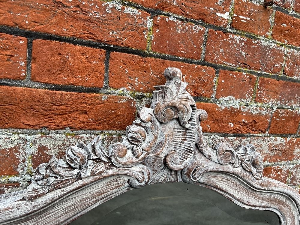 A Wonderful Large Antique French 19th Century Carved Wood Shaped Top Painted Mirror. photo 695.0