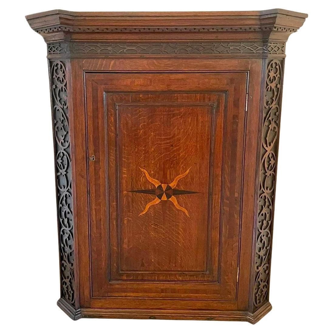 Outstanding Antique George III Quality Oak Inlaid Hanging Corner Cabinet Out photo furniture