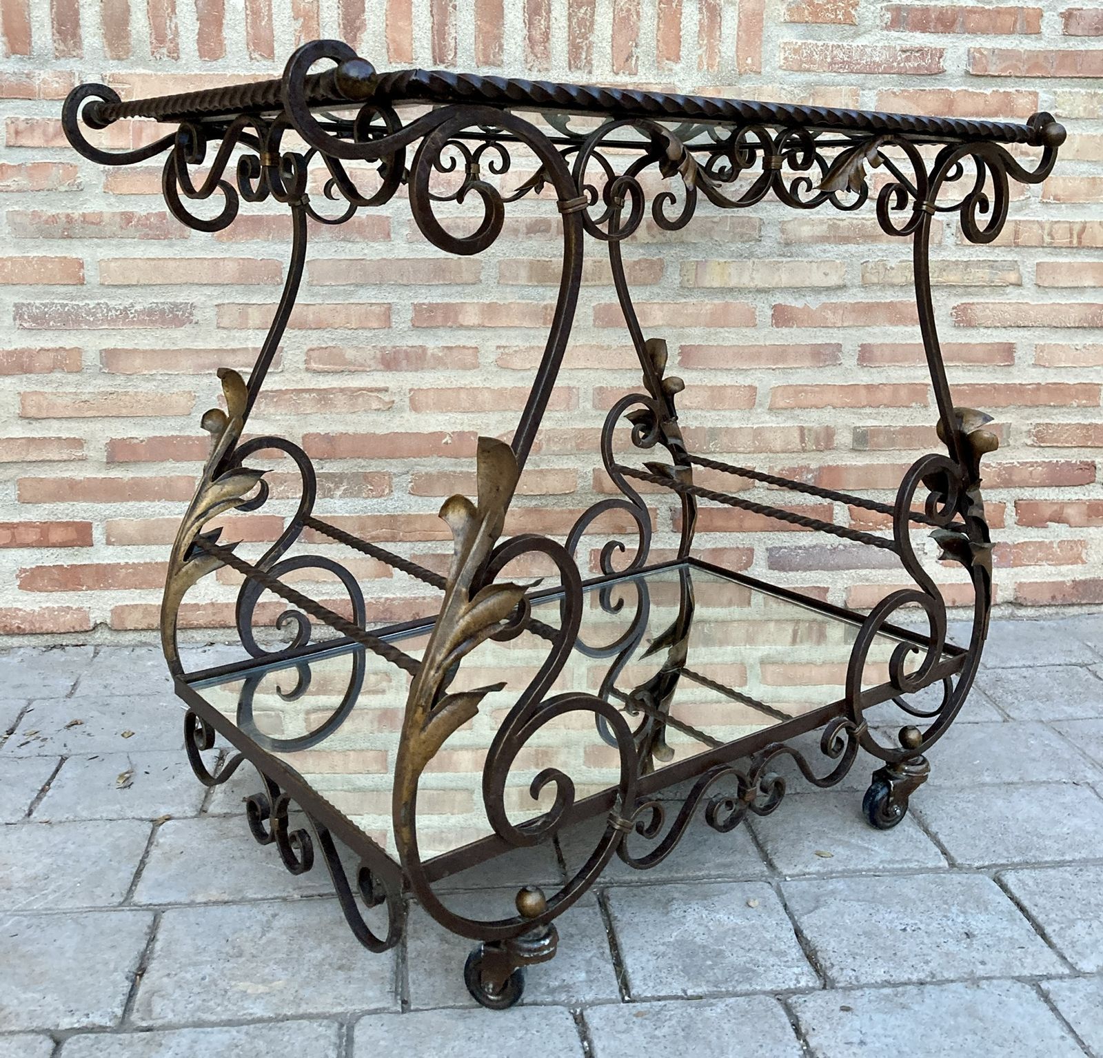 photo for sale 19th Century French Table Iron Bar Cart With Wheels And Two Mirror Tops