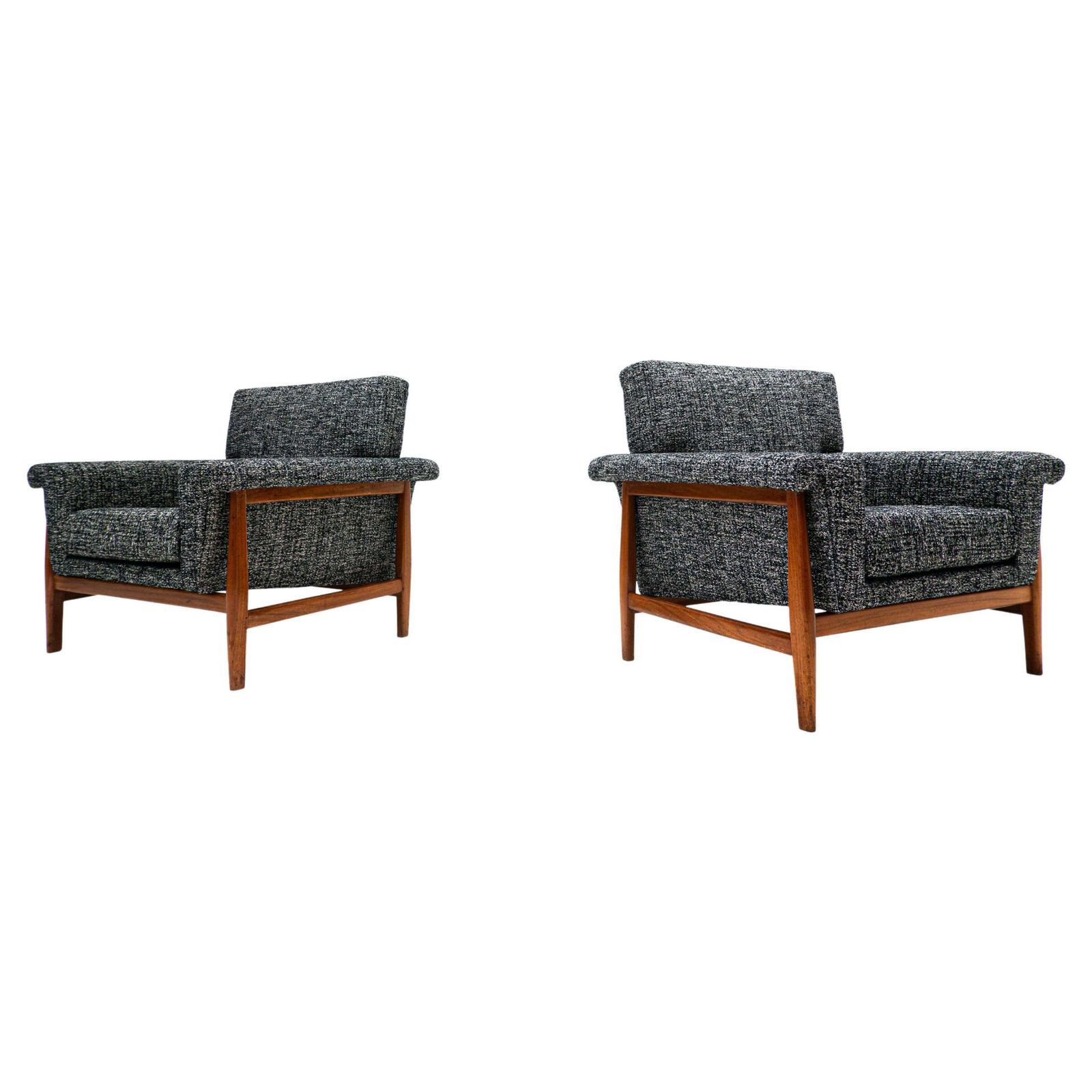 Mid Century Modern Pair Of Armchairs, Grey, Teak, Italy, 1960s   New Upholstery