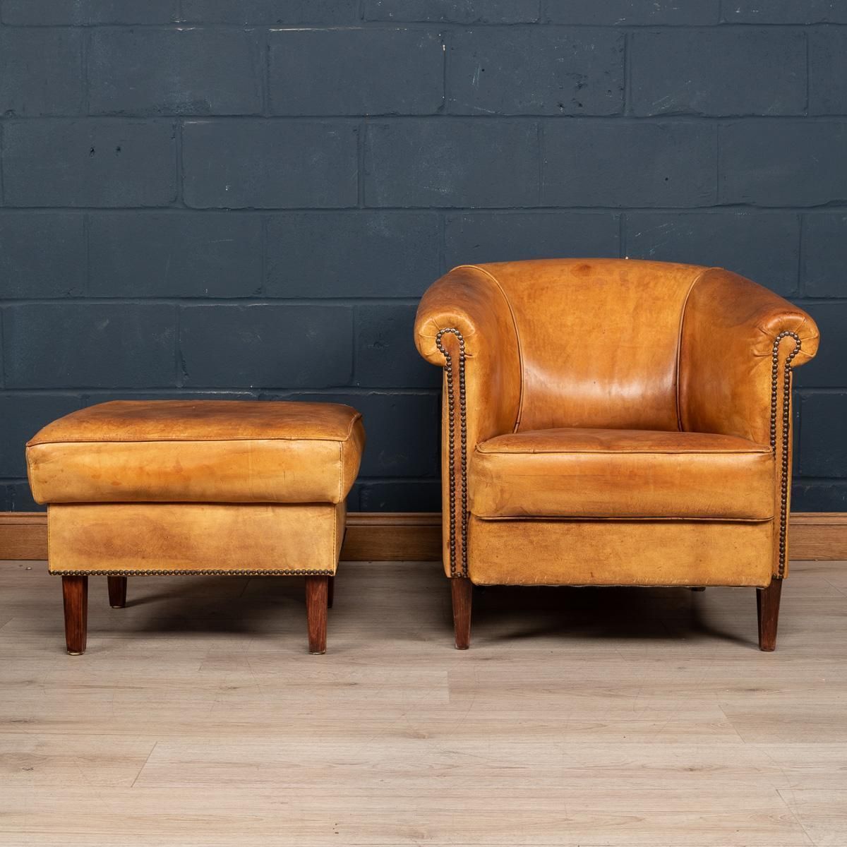 20th Century Dutch Sheepskin Leather Tub Chair & Footstool photo furniture
