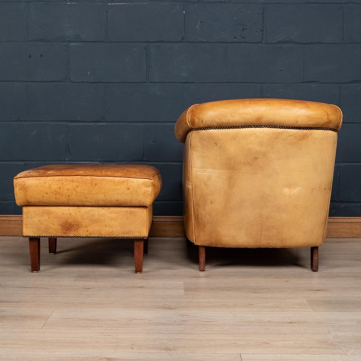 20th Century Dutch Sheepskin Leather Tub Chair & Footstool photo Furniture