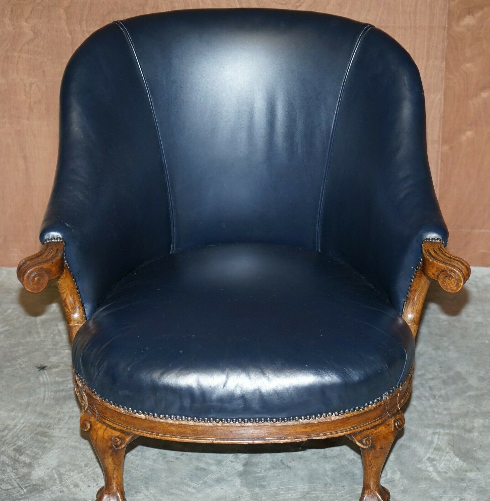 Antique Regency Circa 1810 1820 Claw & Ball Oak Framed Blue Leather Armchair photo for sale