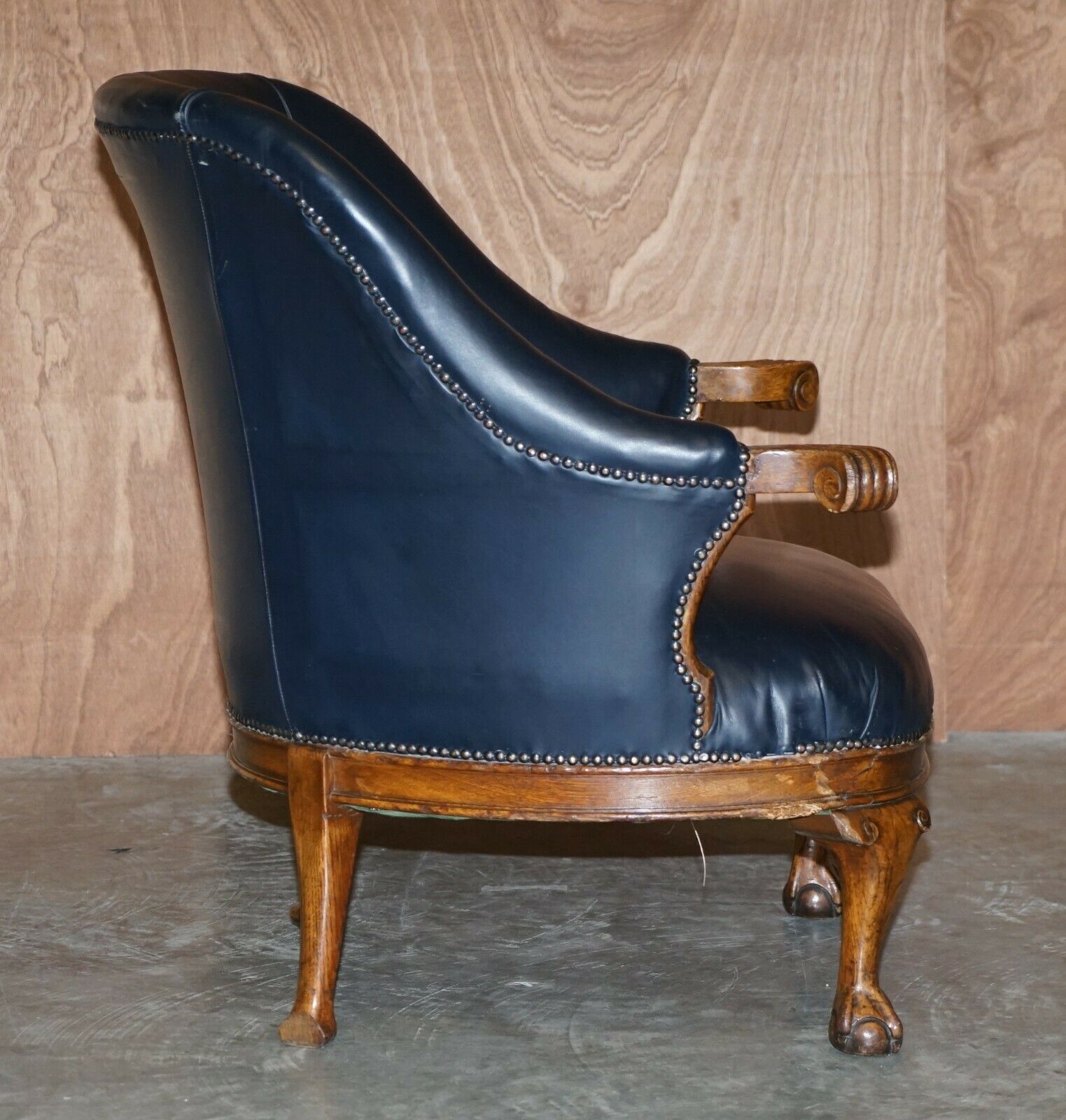 Antique Regency Circa 1810 1820 Claw & Ball Oak Framed Blue Leather Armchair photo vintage