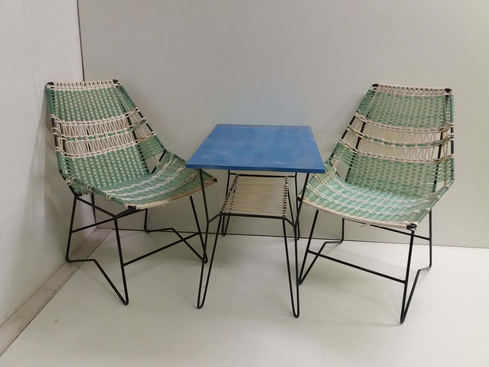 Paar Gevlochten Fauteuils + Vertex Tafel, Tsjecho Slowakije, 1960