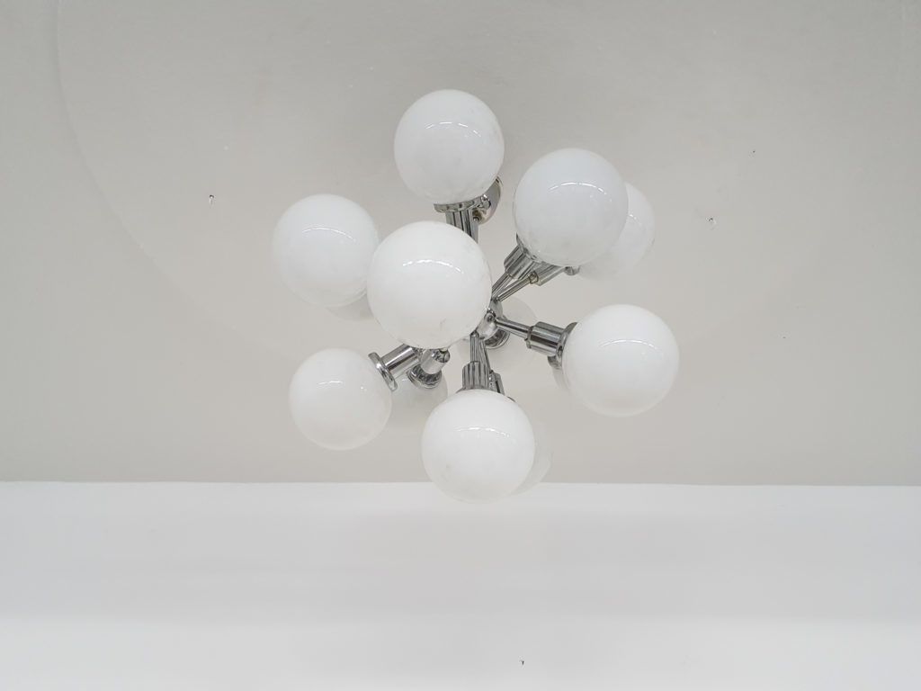 Mid Century "Sputnik" Metal Pendant Light With 13 Glass Globes, 1970's photo for sale