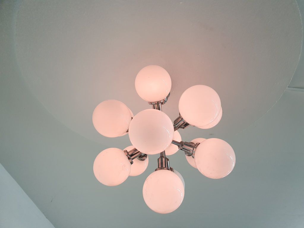 Mid Century "Sputnik" Metal Pendant Light With 13 Glass Globes, 1970's photo Lighting