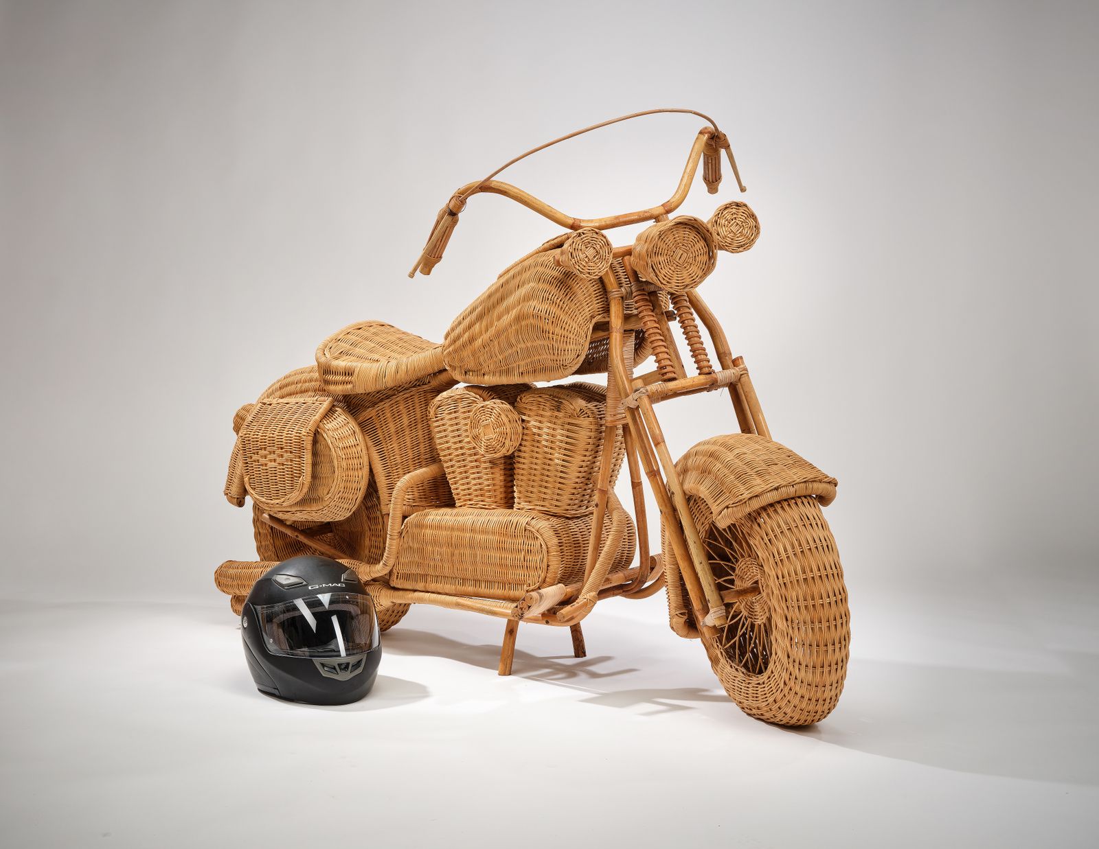 Full Size Vintage Rattan, Bamboo And Wicker Harley Davidson 'Moto' Motorcycle Circa 1980s By Tom Dixon For Habitat. 2 Available photo for sale