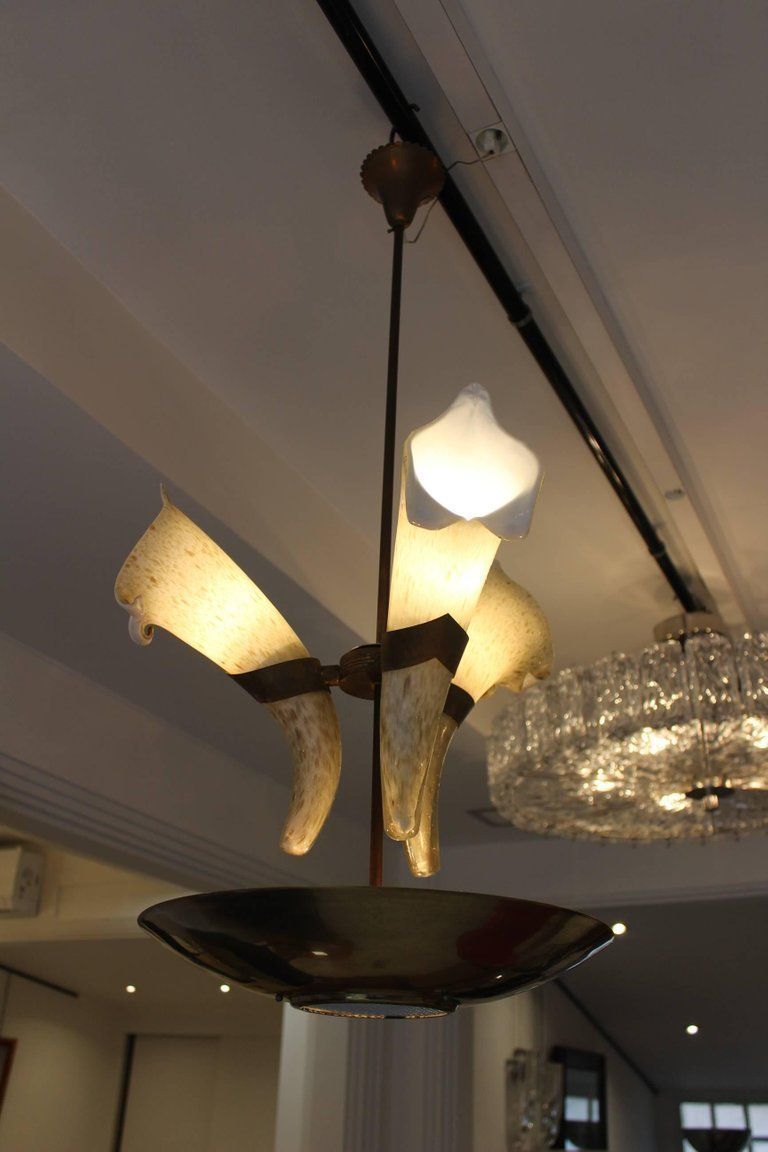 Italian Chandelier With Murano Glass Cornucopias By Barovier, Circa 1960 photo vinterior
