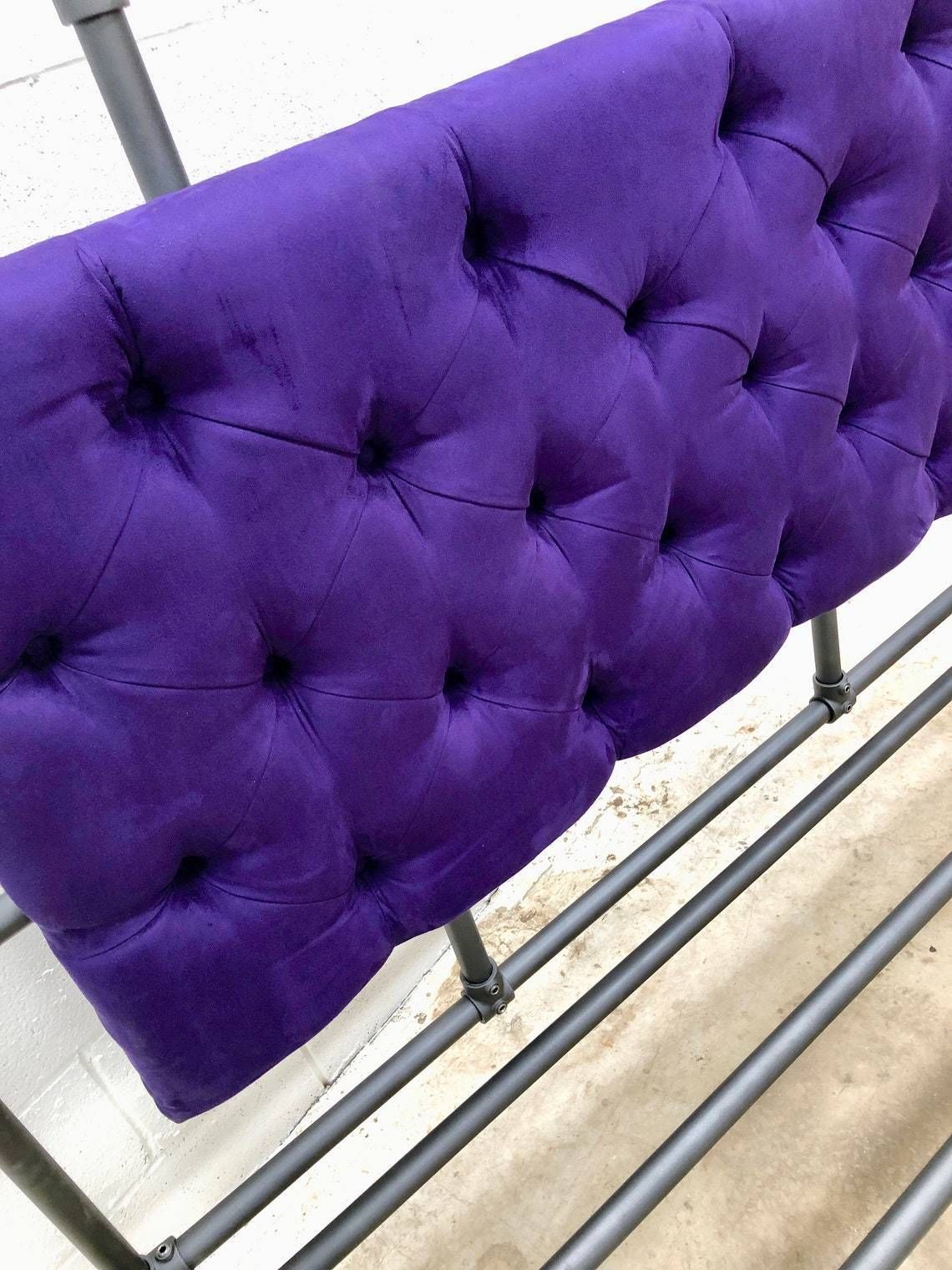 Relugas Industrial Steel Pipe Kingsize Bed Frame With Designers Guild Purple Faux Suede Deep Buttoned Padded And Upholstered Headboard photo furniture