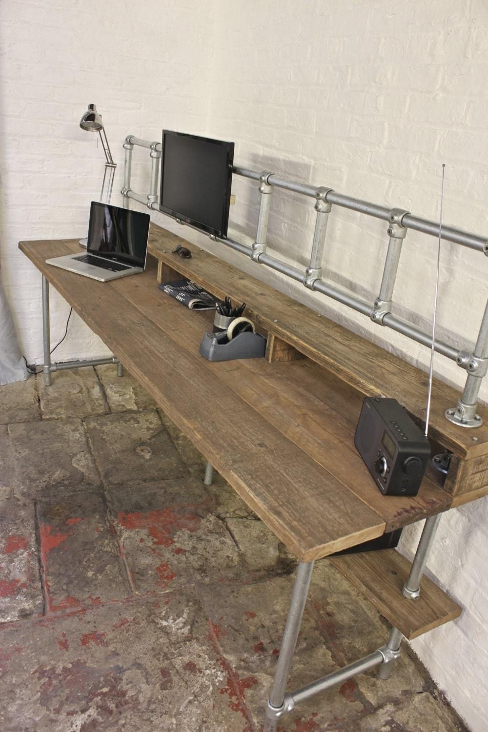 Douglas Reclaimed Scaffolding Board Industrial Style Desk With Built In Storage Section, Overhead Monitor Mounting Rails And Under Shelf