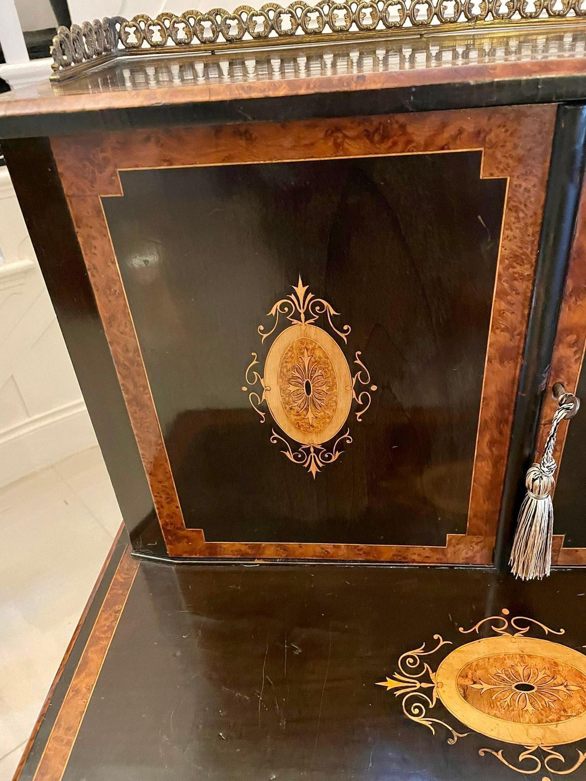 Unusual Antique Victorian Quality Ebonised And Burr Walnut Inlaid Writing Desk photo for sale