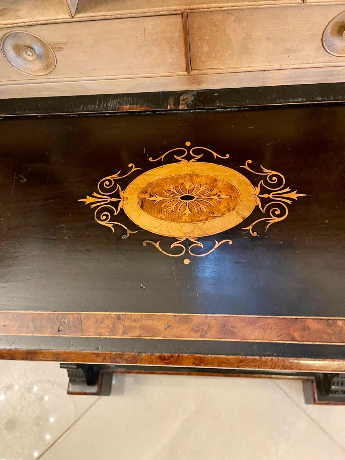 photo buy Unusual Antique Victorian Quality Ebonised And Burr Walnut Inlaid Writing Desk