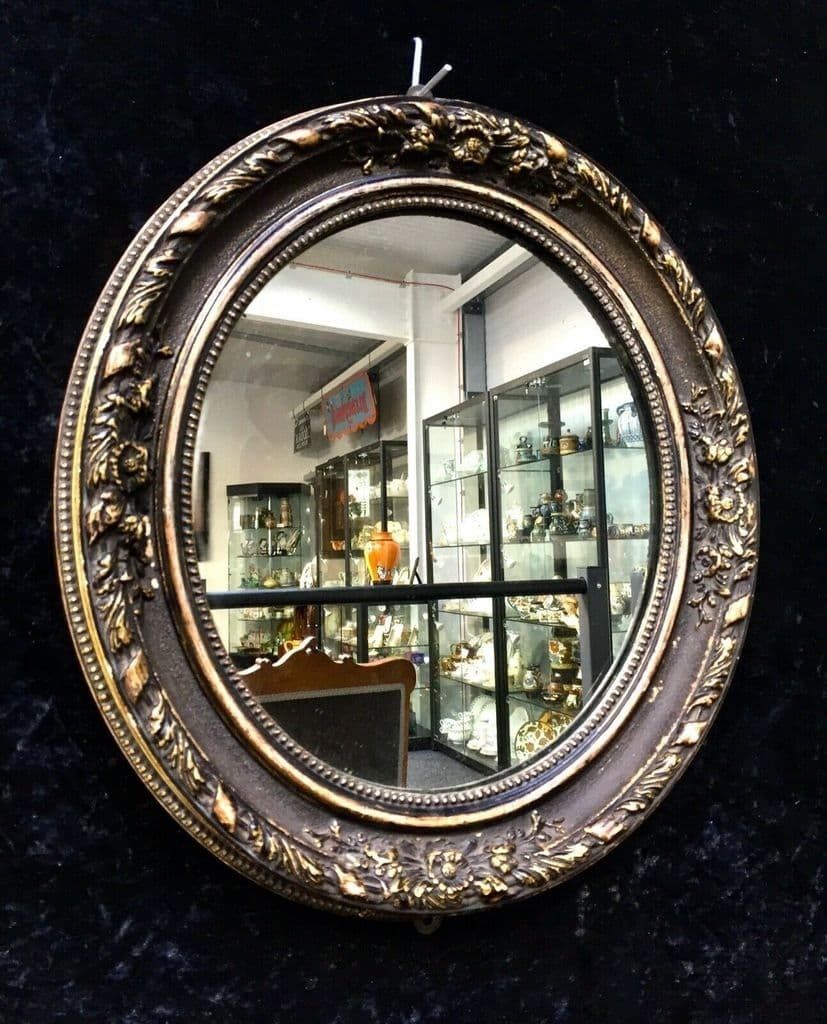 Antique Victorian Wooden Framed Black & Gold Oval Wall Mirror / Art Nouveau photo furniture