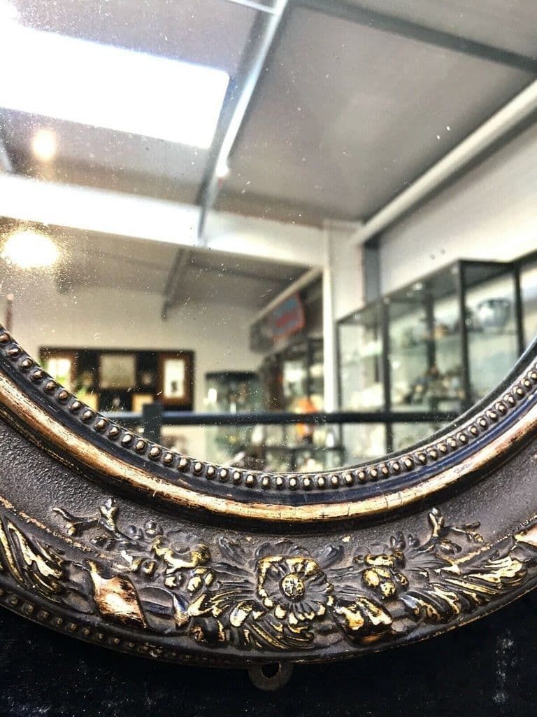 Antique Victorian Wooden Framed Black & Gold Oval Wall Mirror / Art Nouveau photo vinterior