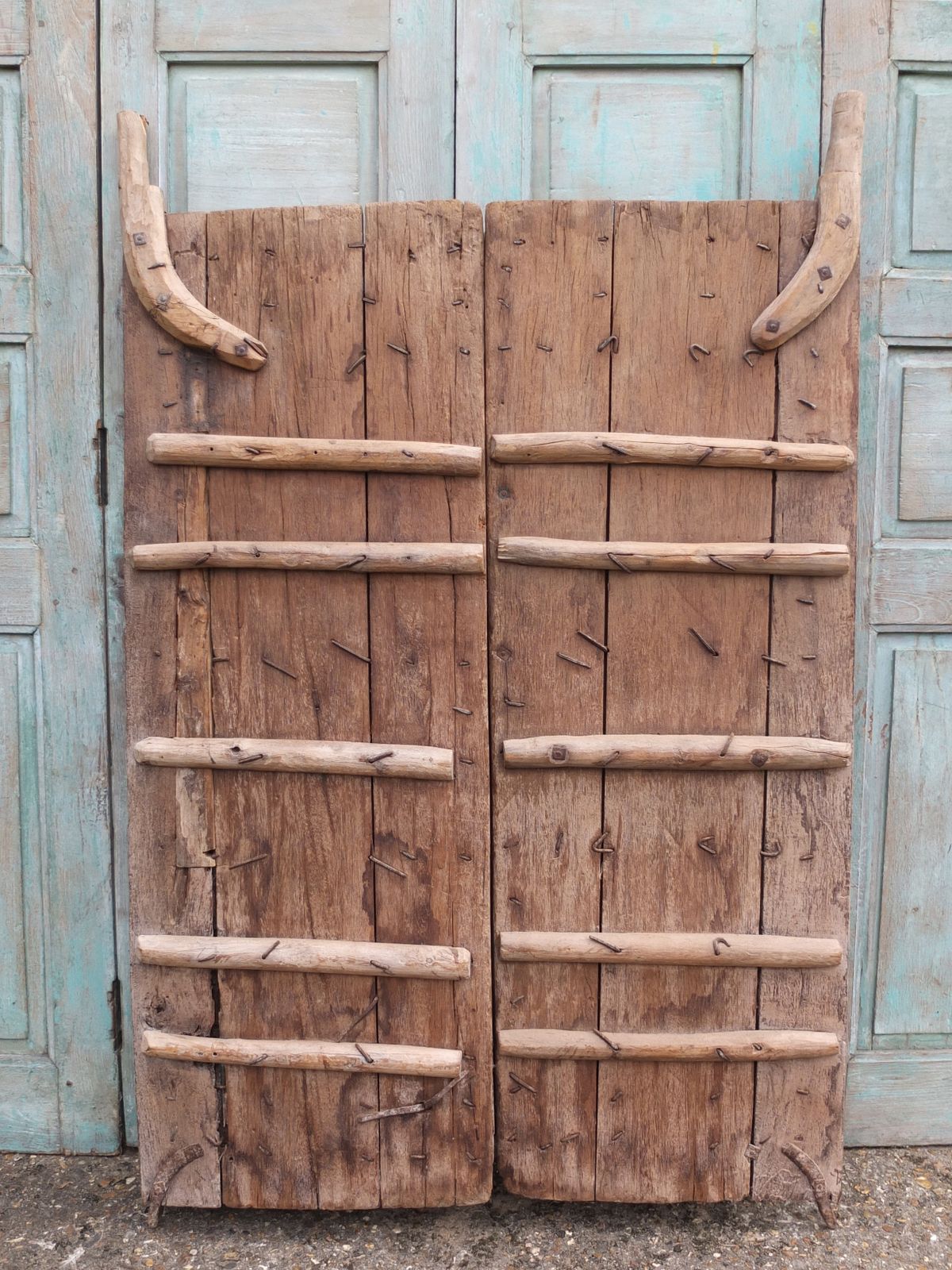 A Stunning Pair Of Large Antique Indian Studded Panelled Wooden Doors photo vintage
