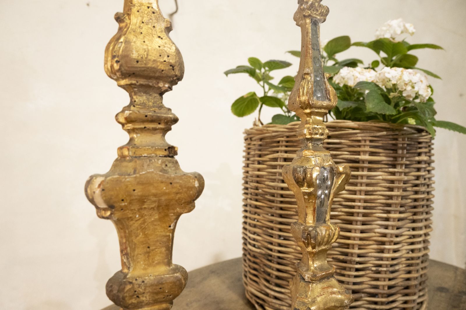 A Pair Of 18th Century Gilded & Mirrored Glass Venetian Altar Candlesticks photo for sale