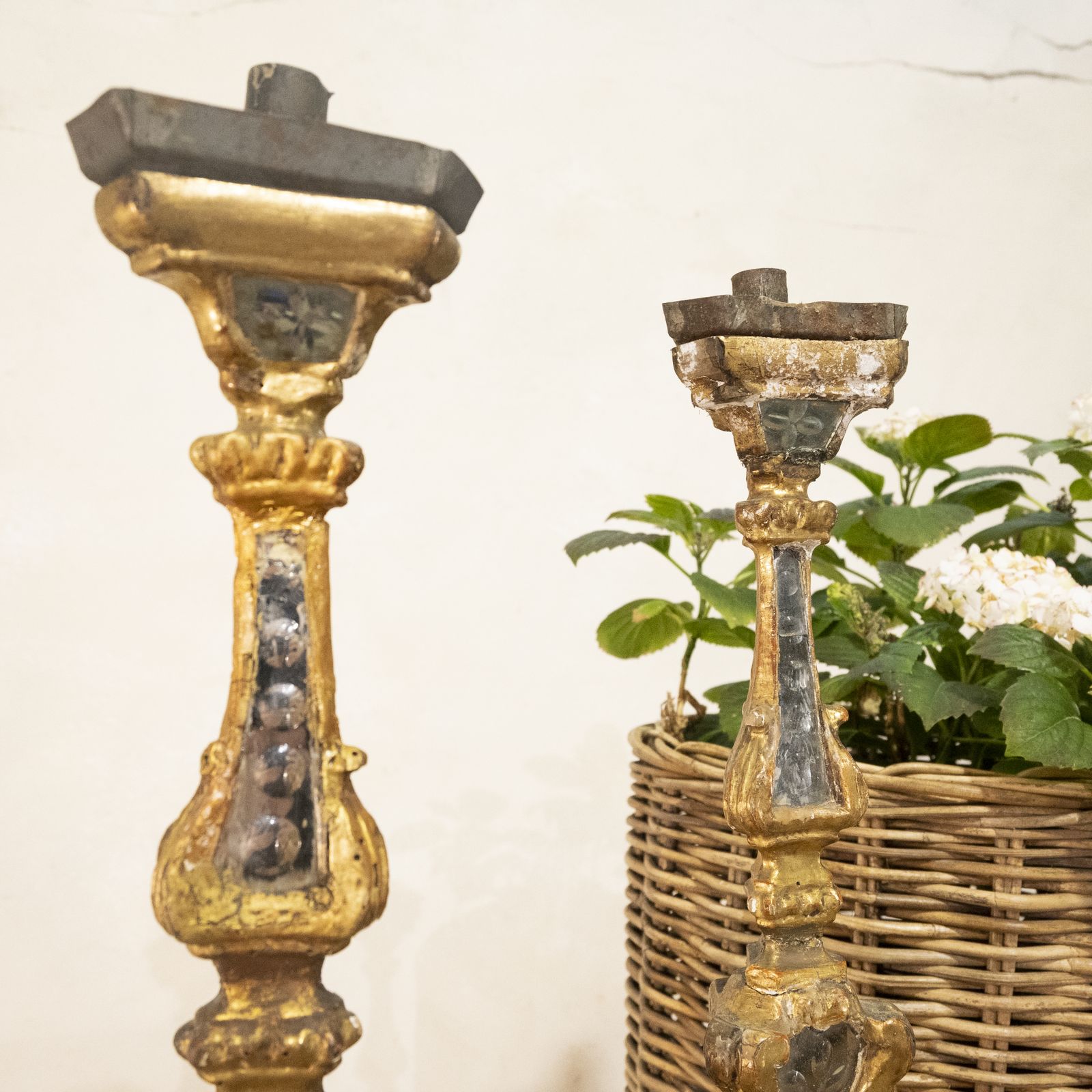 photo for sale A Pair Of 18th Century Gilded & Mirrored Glass Venetian Altar Candlesticks