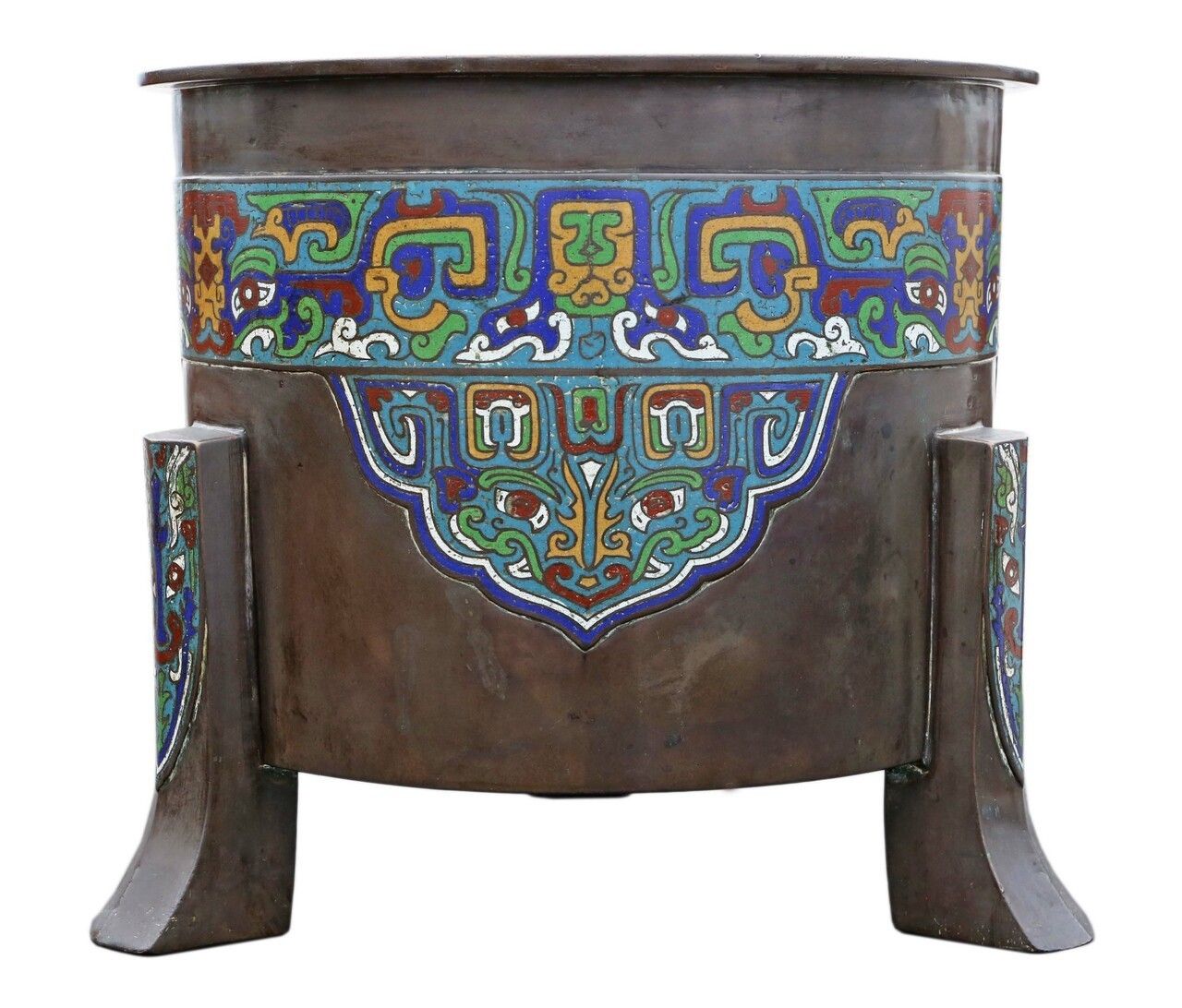Oriental Japanese Chinese Bronze Champleve Enamel Jardiniere Planter Bowl C1920 Meiji Period photo furniture
