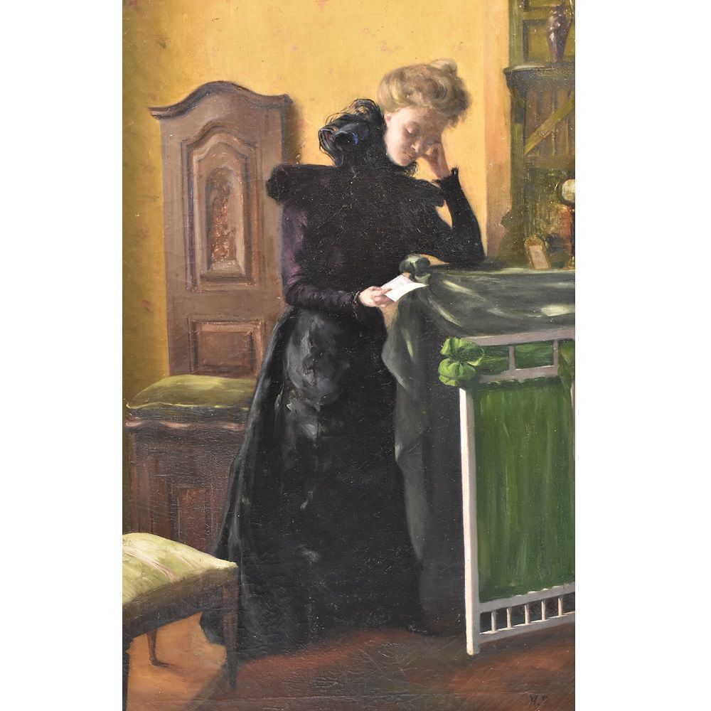 Antique Woman Portrait Painting, French Oil On Canvas,  Late 19th Century. (Qr 317) photo furniture