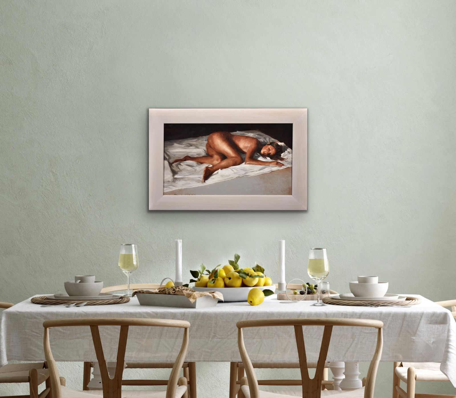 photo vinterior David Knight B.1965.  English. White Linen. Oil On Canvas. Framed. Reclining Female Nude Pose. Artist Lives & Works In Cardiff, Wales.
