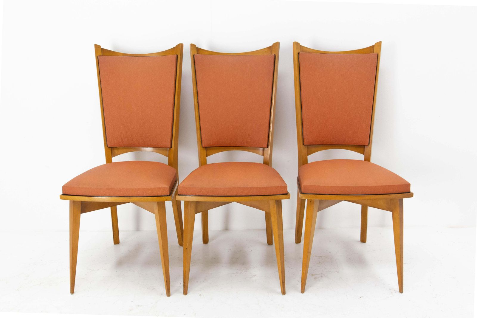 Six Dining Chairs Beech And Red Moleskine Midcentury French, Circa 1950 photo buy