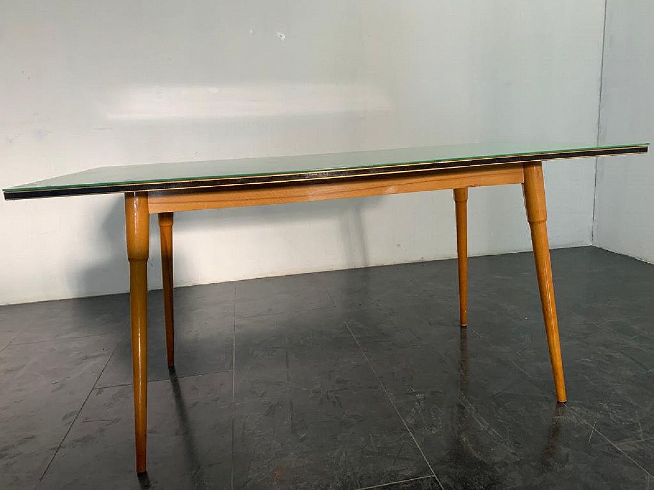 Table In Black Profiled Beechwood With Brass Edges, 1950s photo vintage