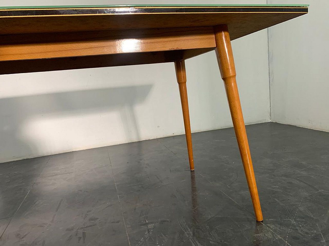 photo furniture Table In Black Profiled Beechwood With Brass Edges, 1950s