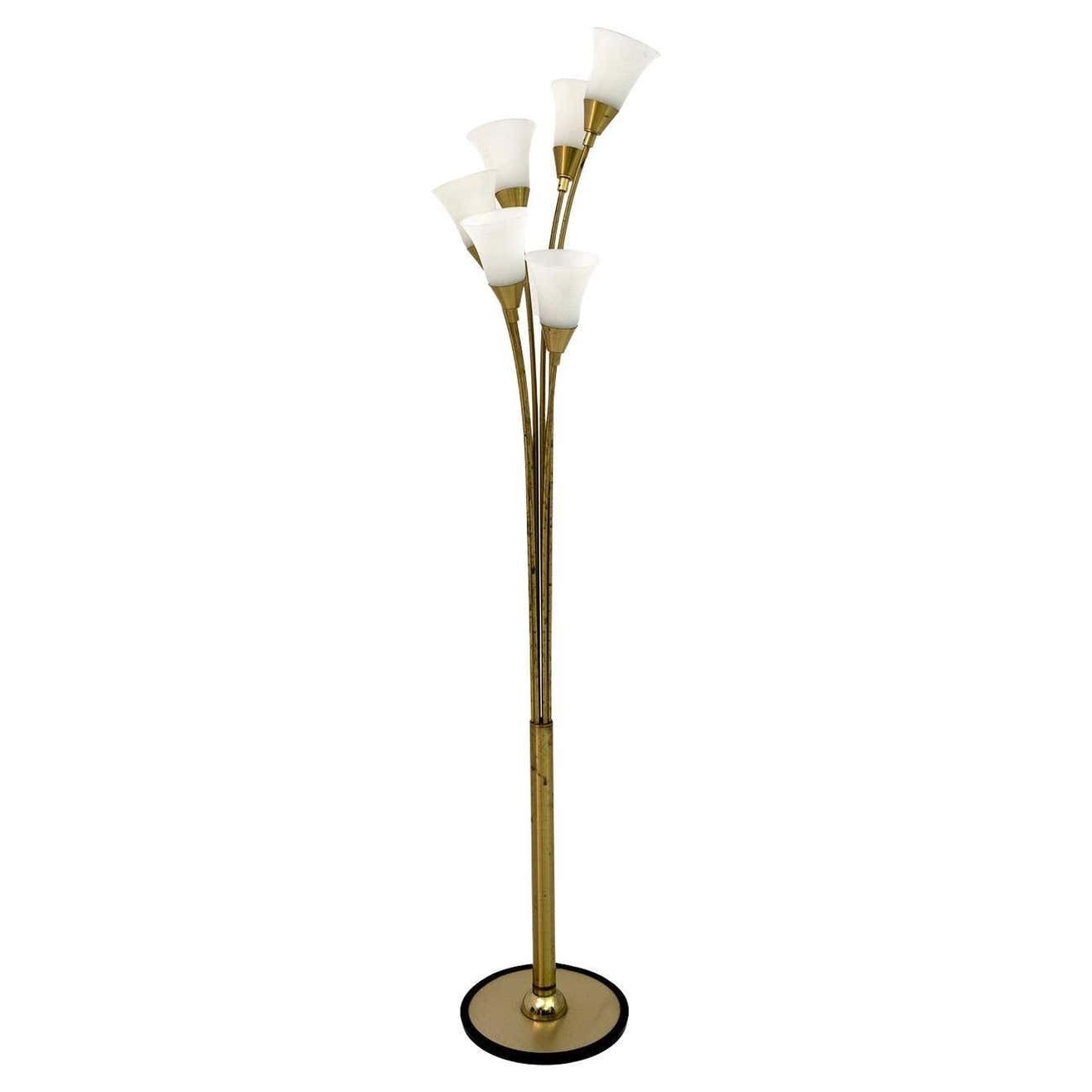 Mid Century Modern Italian Opaline Glass And Gilt Brass Tulip Floor Lamp, 60s