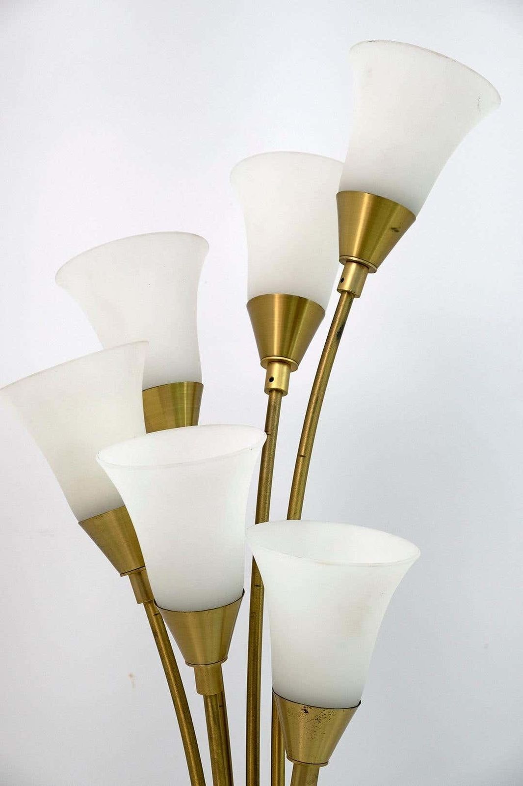 photo furniture Mid Century Modern Italian Opaline Glass And Gilt Brass Tulip Floor Lamp, 60s
