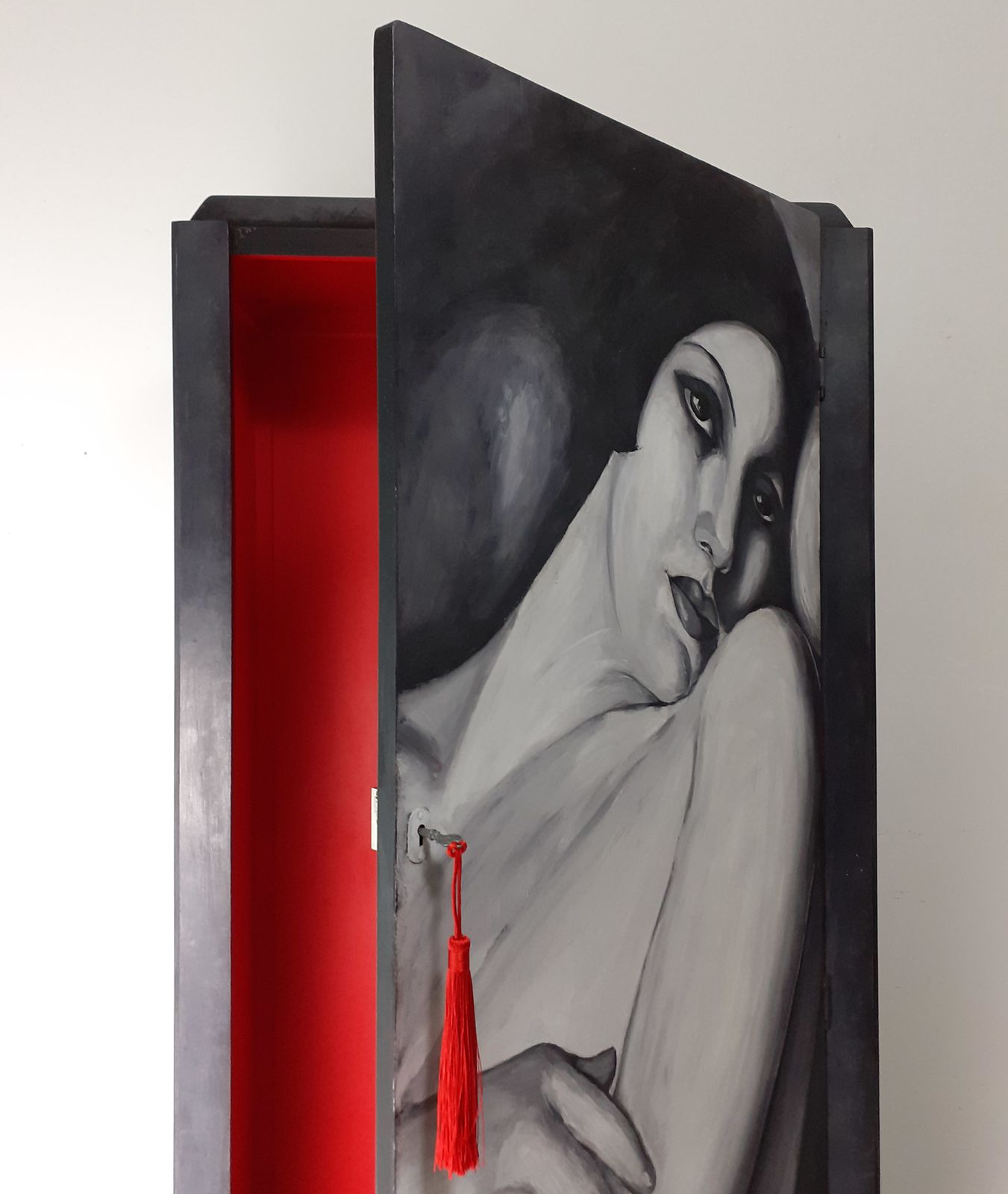 Furniture Vintage Lebus Wardrobe Hand Painted In Black And White Female Figure photo