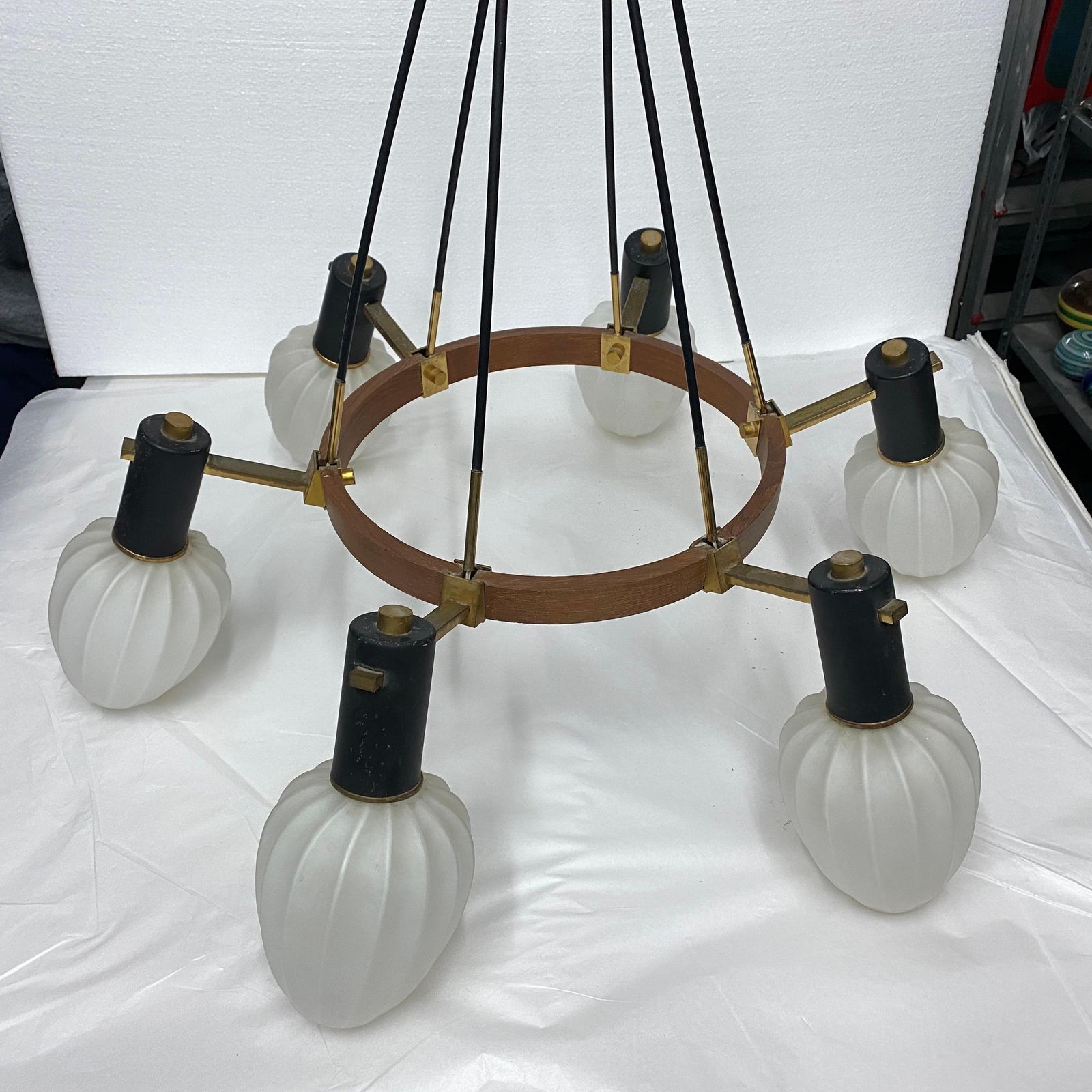 1960s Stilnovo Style Mid Century Modern Brass Teak And Glass Italian Chandelier photo furniture