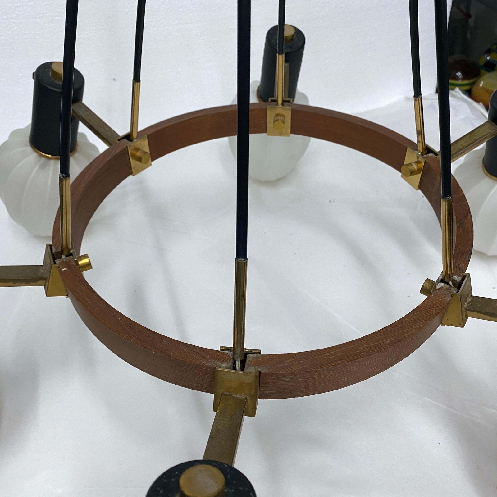 1960s Stilnovo Style Mid Century Modern Brass Teak And Glass Italian Chandelier photo Lighting