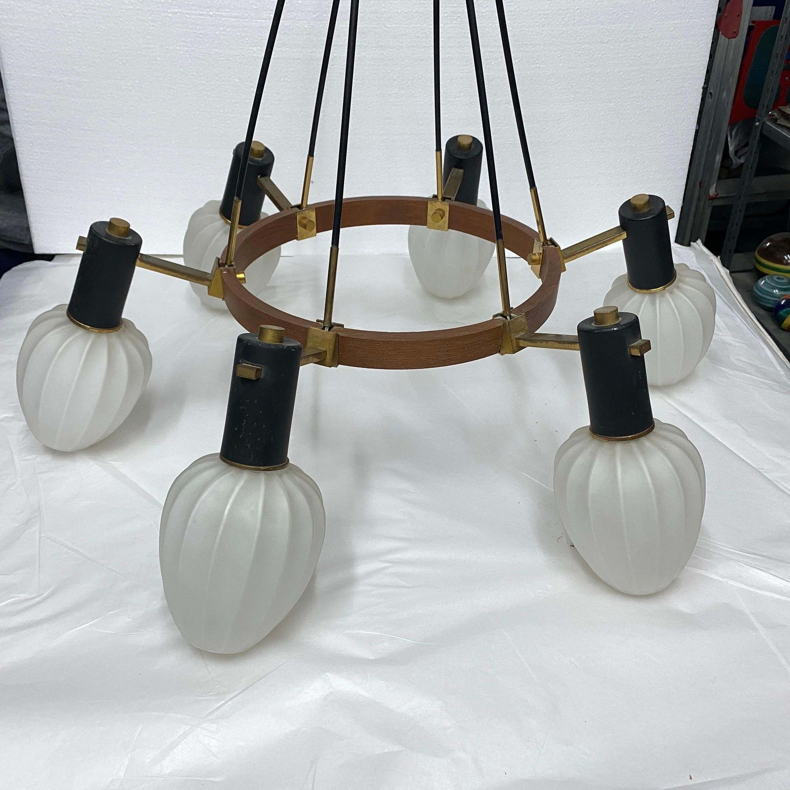 1960s Stilnovo Style Mid Century Modern Brass Teak And Glass Italian Chandelier photo 1597.0