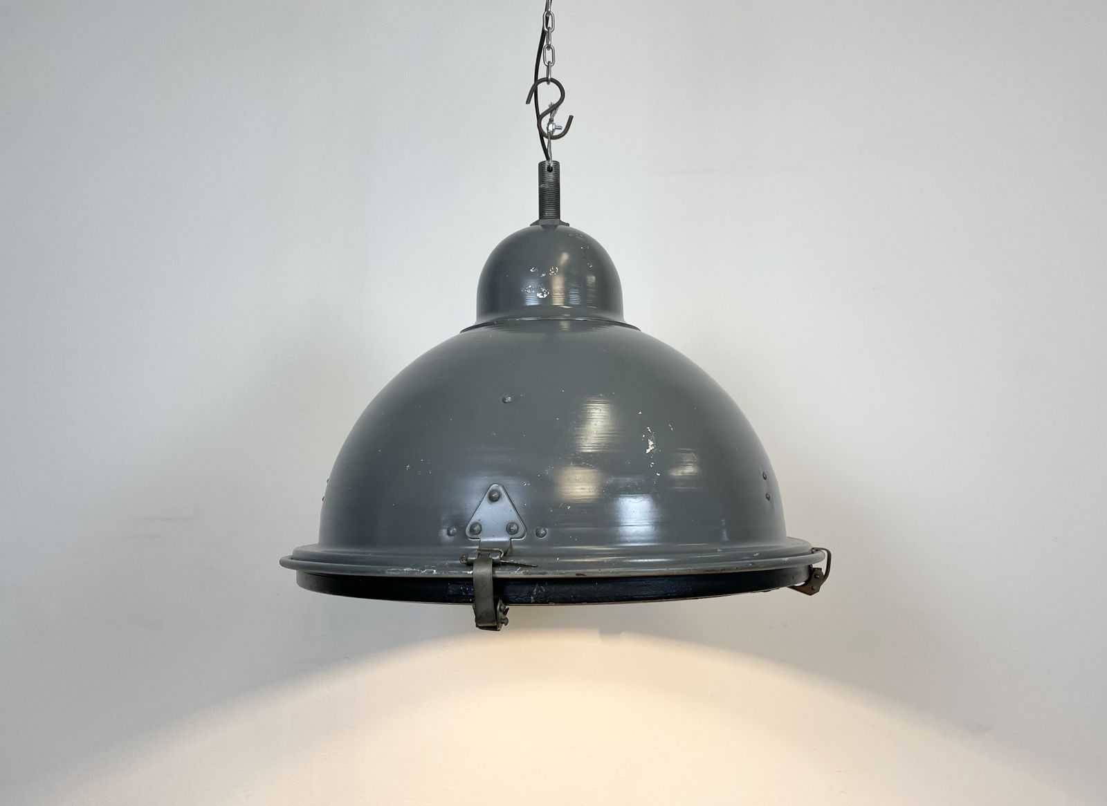 photo for sale Grey Industrial Pendant Lamp With Clear Glass Cover, 1970s, 4x
