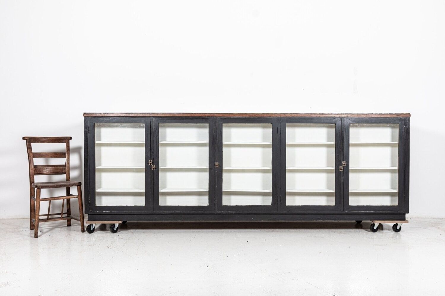 Monumental 19thc English Ebonised Mahogany Glazed Apothecary Shop Counter photo for sale