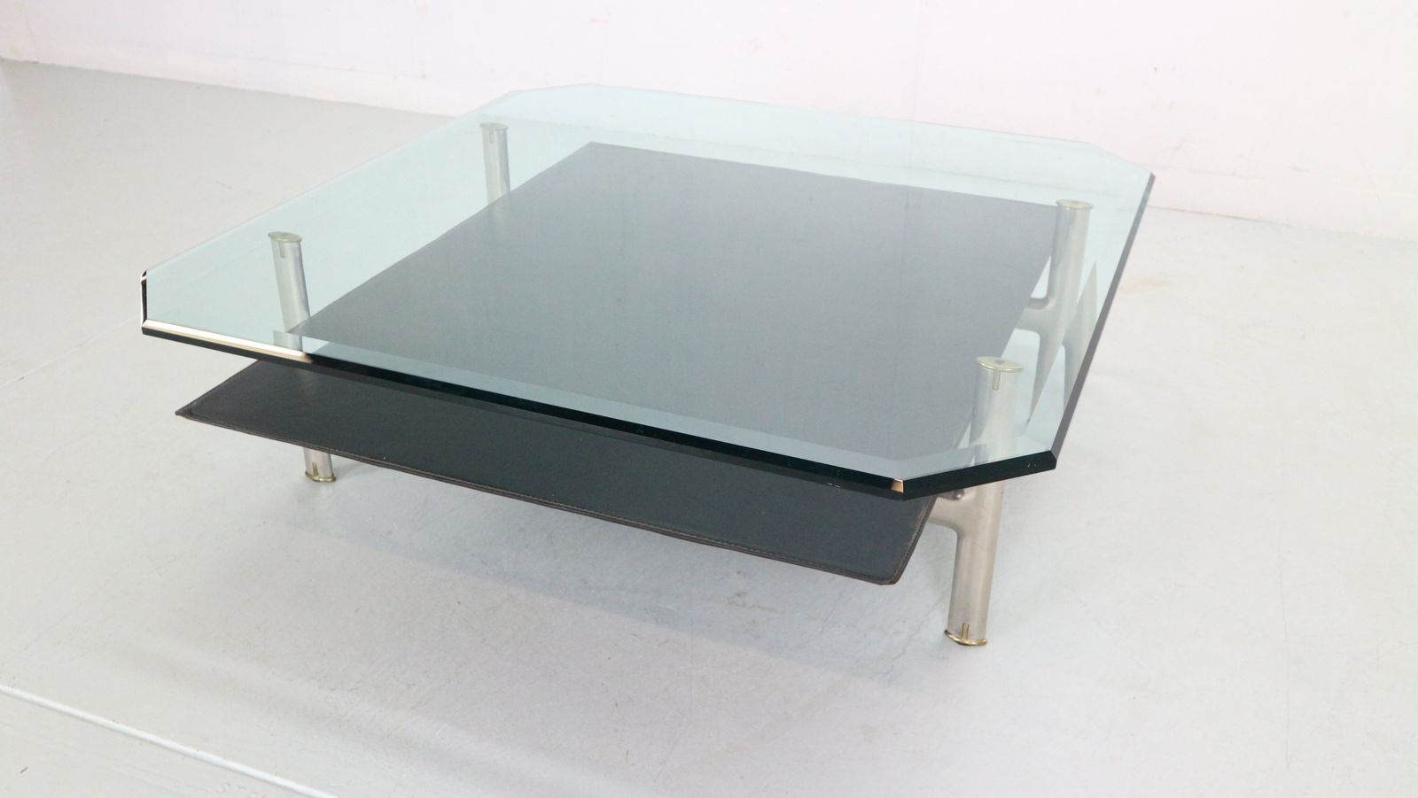B&B Italia 'Diesis' Two Tier Glass And Leather Coffee Table By Antonio Citterio photo for sale