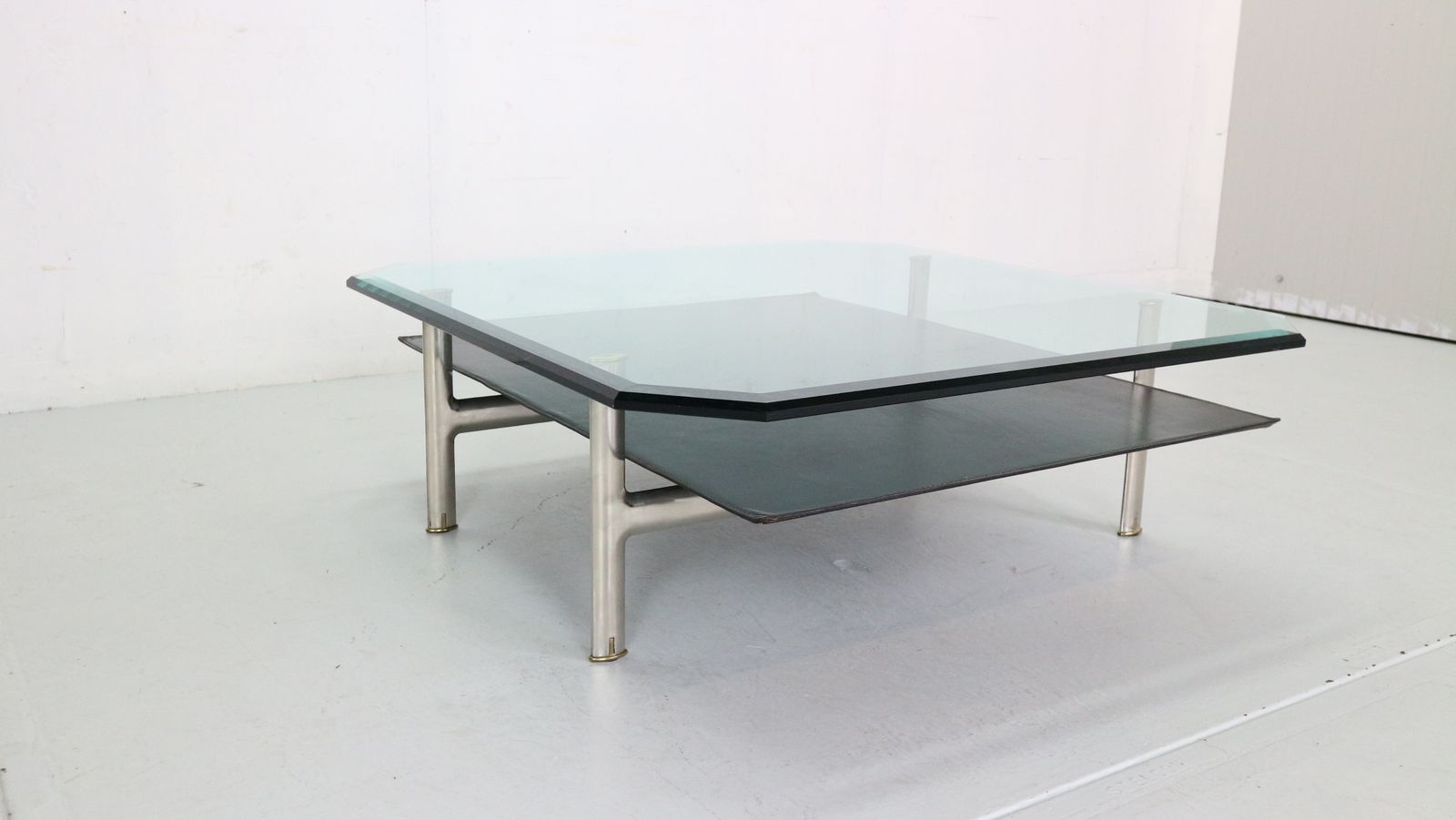 photo furniture B&B Italia 'Diesis' Two Tier Glass And Leather Coffee Table By Antonio Citterio