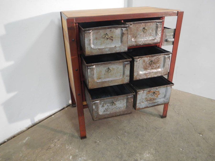 Industrial Cabinet With Iron Drawers And Fir Wood Shelves, 1970s