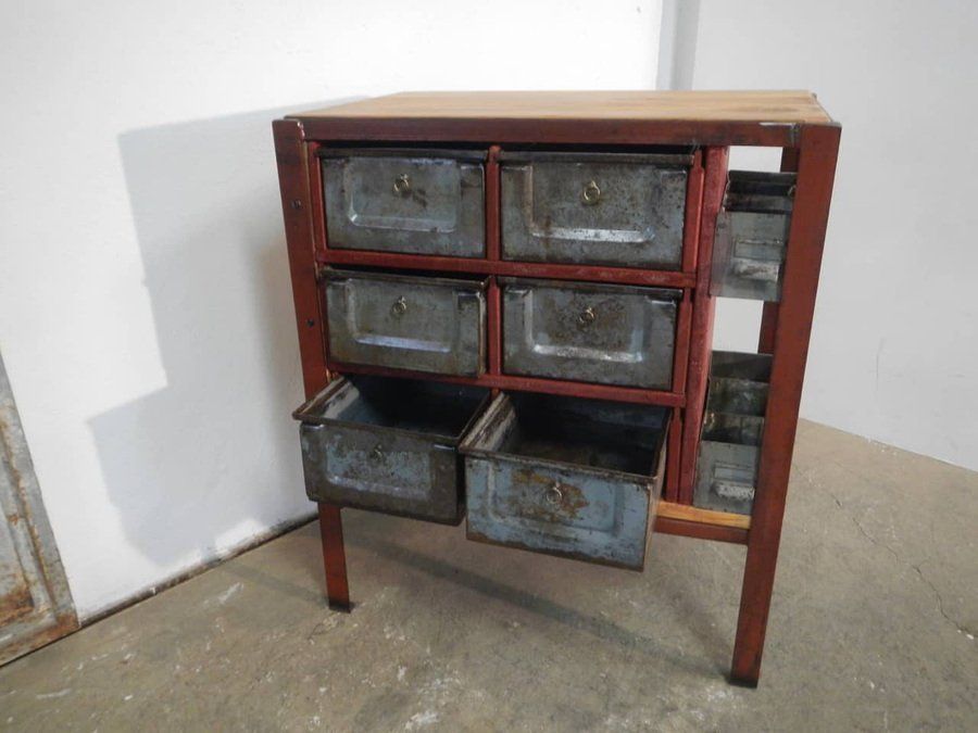 Industrial Cabinet With Iron Drawers And Fir Wood Shelves, 1970s photo for sale